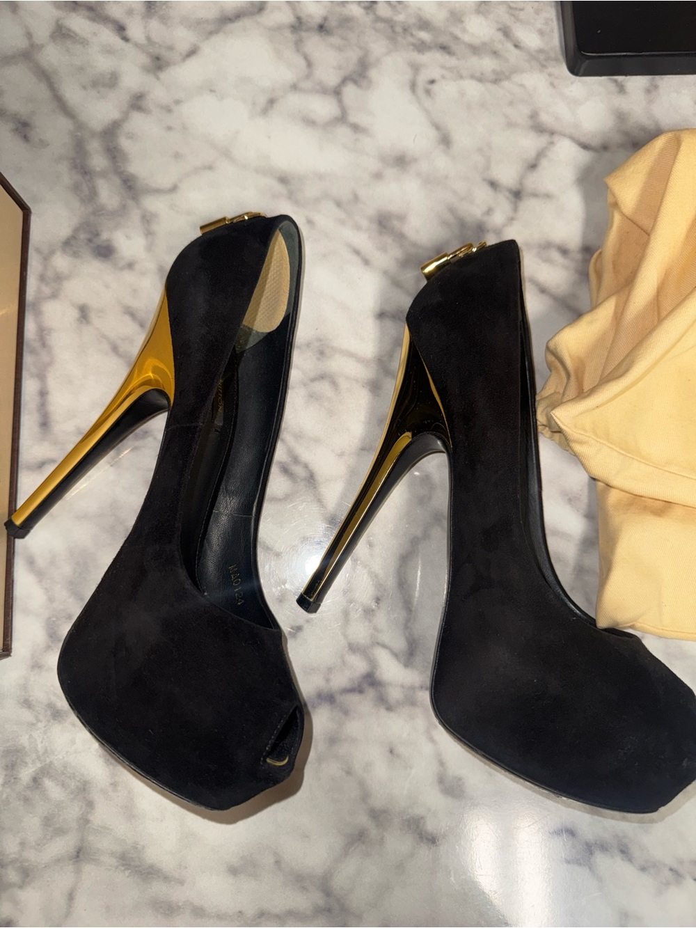 Louis Vuitton Black Suede Peep-Toe Heels Wth Gold Heel & Lock Sz 37 1/2 (U.S. 7)